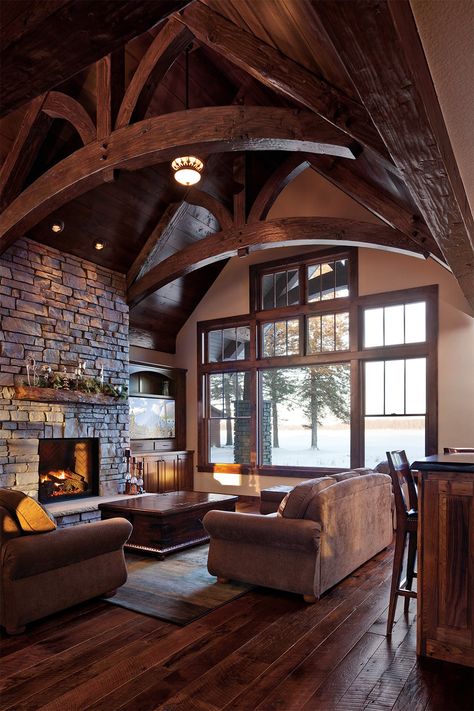 Double Vaulted Ceiling, Large Cabin Living Room, Large Cabin Interiors, Vaulted Living Room Windows, Cabin Feel Home, Cathedral Ceiling Windows, Vaulted Ceiling Cabin, Tudor Cabin, Winter Cabin Living Room