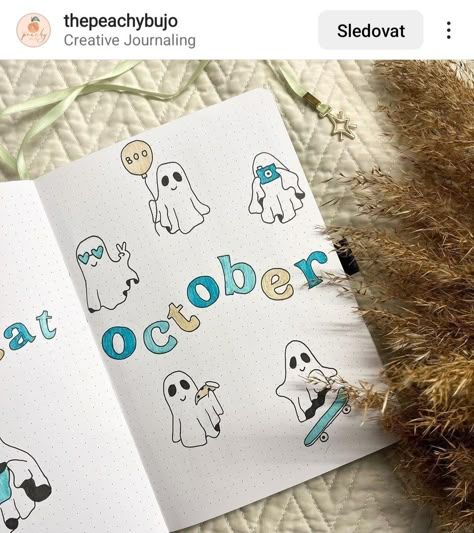 September Bujo Theme Simple, October Doodles Bullet Journal, 2025 Bullet Journal Cover, October Cover Page Bullet Journal, Ghost Bullet Journal, October Journal Cover, Bullet Journal October Theme, October Bujo Theme, Bullet Journal Ideas January