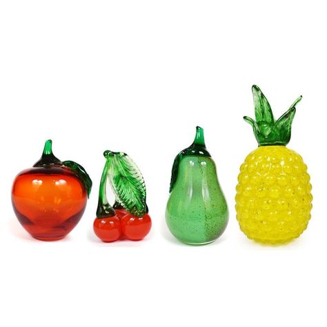 Vintage Handblown Italian Murano Style Fruits Model Figurines - Set of 7 Glass Fruit Decor, Glass Grapes, Yellow Pineapple, Red Grape, Green Lemon, Bamboo Plates, Glass Fruit, Organic Forms, Purple Grapes