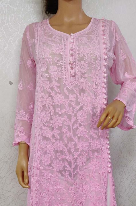 Pink Embroidered Chikankari Viscose Georgette Kurti +91 7738869115 OR +91 7710801701  #kurtis #kurti #fashion #designerkurti #indianwear #kurtilover #kurtisconner #ethnicwear #designerkurtis #kurtisonline #onlineshopping #kurties #kurticollection #kurtistyle #kurtiplazo#indianfashion #kurta #dresses #kurtidress #longkurtis #partywear #salwarsuit Angrakha Style Anarkali, Short Kurti Designs, Kurti Fashion, White Anarkali, Chikankari Kurta, Kurti Style, Angrakha Style, Kurta For Women, Kurta Style