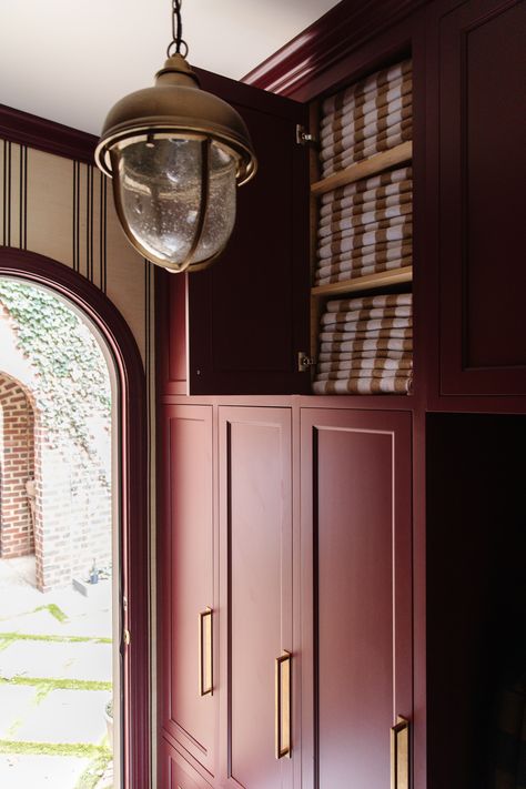 Before & After: A Laundry Room Into A Mudroom - Chris Loves Julia Modern Traditional Home, Mudroom Cabinets, Chris Loves Julia, Mudroom Design, Arched Doors, Work Room, Unique Wallpaper, Mountain Home, Entrance Hallway