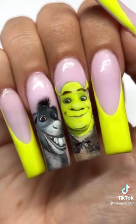 Shrek Nails Acrylic, Shrek Themed Nails, Shrek Nail Art, Nails Packaging, Alice In Wonderland Nails, Wonderland Nails, Funky Nail Designs, Cartoon Nails, Crazy Nail Art