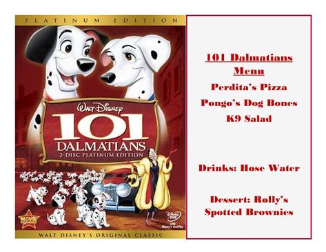 Disney Movie Themed Dinner, Movie Meals, Disney Meals, Family Movie Night Themes, Disney Movie Night Menu, 101 Dalmatians Movie, 101 Dalmatians Disney, Theme Dinners, Movie Recipes