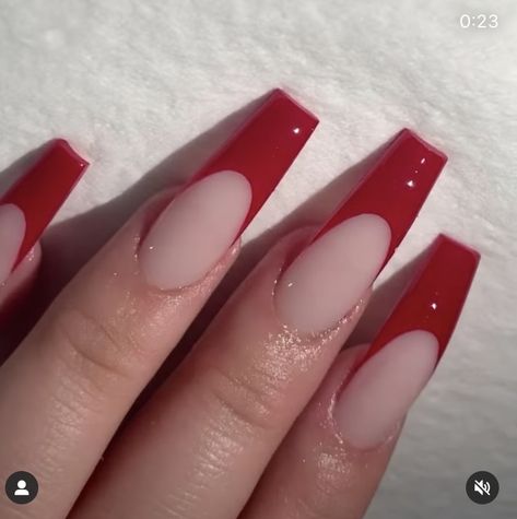 French Tip Sparkle, Red French Tip Acrylic Nails, Red Sparkle Nails, Acrylic Nails French, Red French Tip, Popular Nail Art, Red Acrylic Nails, Red French, Spring Nail Trends