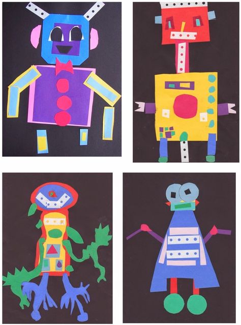 Form Art Projects Kindergarten, Robot Art And Craft, Robot Arts And Crafts, Robot Craft Preschool Art Projects, Shape Art Lessons Elementary, Collage Art For Elementary Students, Shape Art Projects, Shape Robots Preschool, Elementary Shape Art Lesson