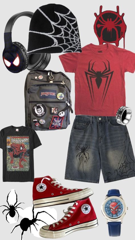 Spider Punk Outfit, Punk Outfit Ideas, Cryptidcore Outfit, Y2k Outfits Men, Spiderman Outfit, Punk Outfit, Spider Punk, Fits Streetwear, Man Outfit