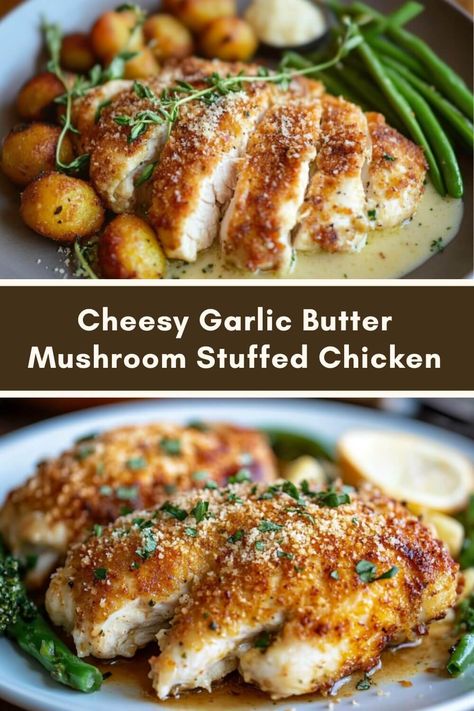 Cheesy Garlic Butter Mushroom Stuffed Chicken Chicken Supper Ideas, Garlic Butter Mushroom Stuffed Chicken, Stuffed Chicken Recipes, Mushroom Stuffed Chicken, Baked Chicken And Mushrooms, Chicken Loaf, Bake Potato, Garlic Butter Mushrooms, Carb Dishes