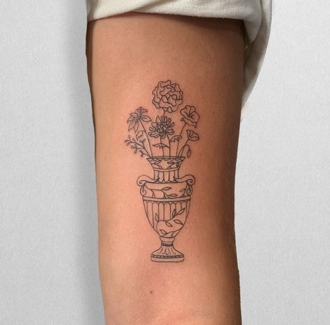 Tulip In A Vase Tattoo, Athens Greece Tattoo Ideas, Unique Tattoos Fine Line, Flower And Plant Tattoos, Flower Vase Tattoo Design, Jars Of Clay Tattoo, Vase And Flowers Tattoo, Clay Pot Tattoo, Fine Line Vase Tattoo