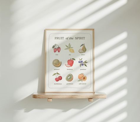 NEW! Now Available for Pre-Order! 🌿 This Fruit of the Spirit art print features 9 hand-painted watercolor illustrations, representing the fruits of the Spirit from Galatians 5:22-23. My hope is that these prints will be a meaningful reminder for both adults and children in playrooms, classrooms, school rooms, or nurseries. Printed on high-quality textured cotton rag paper (130#) for a fine art finish, each print comes protected in a cellophane sleeve and shipped flat in a rigid mailer. Av... Fruit Of The Spirit Poster, Fruit Of The Spirit Art, Illustration Fruit, Galatians 5 22 23, Fruits Of The Spirit, Spirit Art, Love Joy Peace, Watercolour Illustration, Fruit Illustration