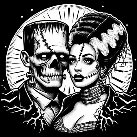 Frankenstein & His Bride on Threadless Frankenstein And Bride Drawing, Frankenstein And Bride, Bride Of Frankenstein Drawing, Bride Of Frankenstein Art, Bride Of Frankenstein Tattoo, Frankenstein Pictures, Frankenstein Tattoo, Halloween Pin Up, Frankenstein Art