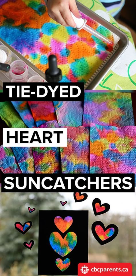 Heart Projects For Preschoolers, Valentines Craft For School Age Kids, Tie Dye Crafts For Kids Art Projects, Tye Dye Crafts For Preschoolers, Heart Sun Catcher Craft For Kids, Mothers Day Suncatcher Craft, Valentines Suncatcher Craft, Vday Crafts For Kids Classroom, Valentine Day Projects For Kids