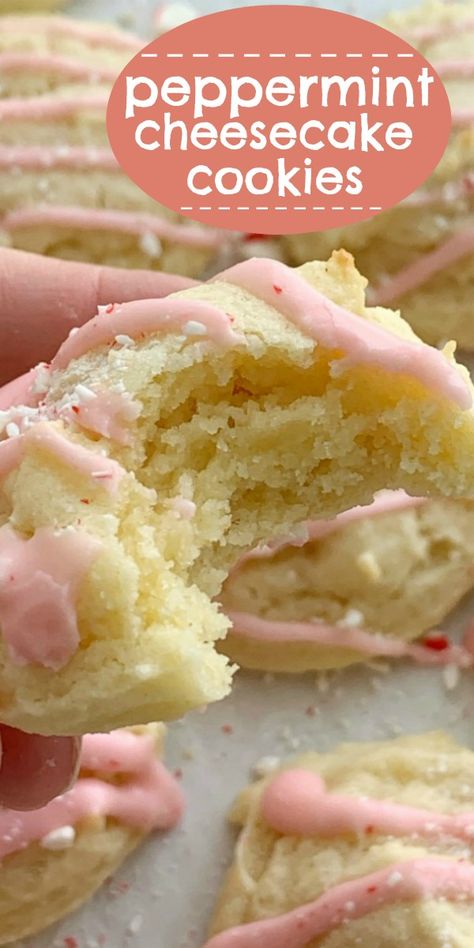 Peppermint Cheesecake Cookies | Peppermint Cheesecake Cookies are soft-baked, light & fluffy cheesecake cookies with peppermint! Topped with a simple peppermint glaze and crushed candy cane. These little cookies are hard to resist and perfect for Christmas baking. #christmascookies #christmasbaking #peppermintrecipes #cheesecakecookies #peppermint #recipeoftheday #holidaybaking Cheesecake Cookies Christmas, Cookies With Peppermint, Cookies Peppermint, Crushed Candy Cane, Peppermint Dessert, Chocolate Marshmallow Cookies, Fluffy Cheesecake, Cheesecake Cookie, Peppermint Recipes