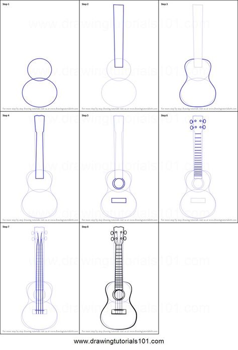 Ukulele Drawing Simple, How To Draw Musical Instruments, Guitar Drawing Tutorial, Ukulele Drawing Sketch, How To Draw Instruments, Ukulele Art Drawing, Ukulele Reference, Ukulele Sketch, Gutair Drawing