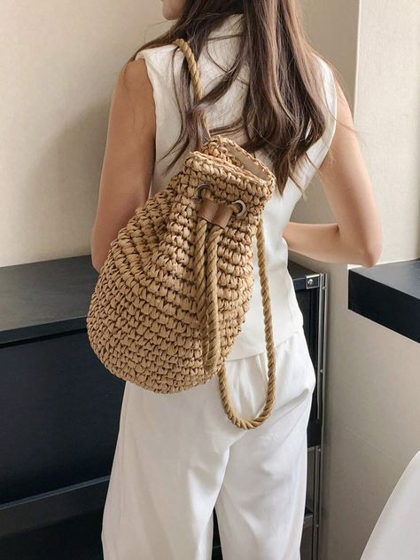 1 PC Fashionable Casual Summer Holiday Solid Color Grass Woven Foldable Bucket Drawstring Women's Backpack Holiday&For Outdoor, Beach Essentials,Summer Women Bag,Perfect For Travel, Vacation, Holiday & BeachI discovered amazing products on SHEIN.com, come check them out! Paper Plain, Foldable Backpack, Women Backpack Fashion, Women's Backpack, Back To School Backpacks, Holiday Bag, Beach Essentials, Photo Styling, Women Bag