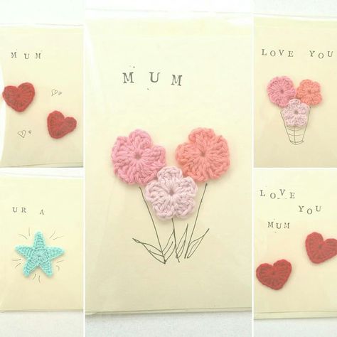 Crochet flower greeting cards. Mothers day. Made by @laboursoflovecrochet Mothers Day Crochet Ideas, Bubble Crochet, Crochet Cards, Knot Magic, Flower Greeting Cards, Cards Mothers Day, Seed Cards, Crochet Poncho Free Pattern, Handmade Gifts Diy