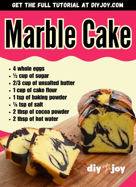 Easy-to-Make Classic Marble Cake via @diyjoycrafts Cake Decorations Ideas Simple, Marble Cake Easy, Diy Marble Cake, Marble Loaf Cake Recipes, How To Make Marble Cake, Simple Marble Cake Recipe, Easy Marble Cake Recipe, Marble Cake Recipe Moist, Hobby Baking