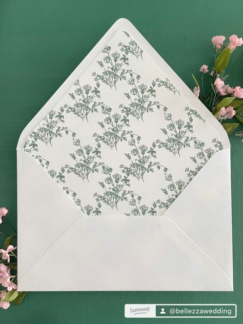 Off-white European flap (v-flap) Envelope with forest green wildflower floral pattern envelope liner Floral Envelope Liner, Floral Envelope, Peony Pattern, Envelope Pattern, Lined Envelopes, Congratulations To You, Weddings By Color, Envelope Liner, Envelope Liners