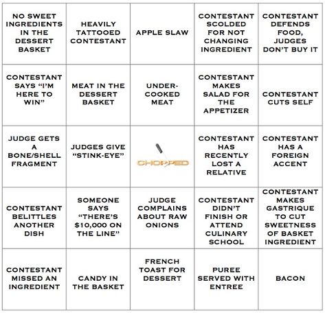 I made a Bingo game for watching chopped. I'd seen this  drinking game , but we don't drink, and thought bingo would be a good alternative. ... Drinking Game, Bingo Games, Drinking Games, Bingo, I Laughed, Drinks