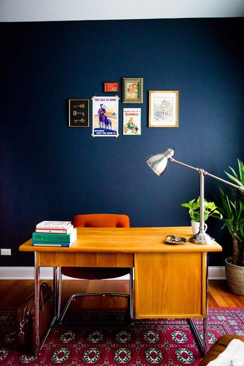 Masculine Home Offices, Masculine Home Office Ideas, Green Home Offices, Masculine Home Office, Masculine Man, Home Office Man, Navy Paint, Man Cave Office, Blue Office