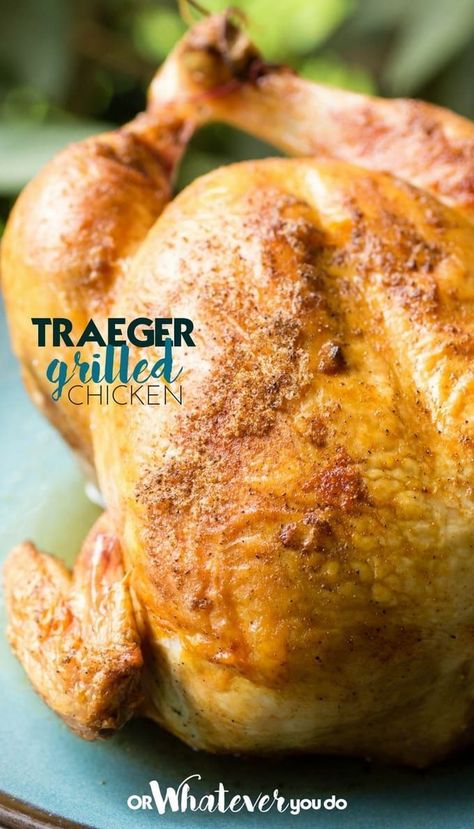 Traeger Grilled Chicken Recipe - this is the first recipe you should make on your new Traeger, and you'll be instantly hooked! SO much better than rotisserie chickens you can buy at the store. Trager Grill, Traeger Chicken, Traeger Cooking, Traeger Grill Recipes, Grilled Chicken Recipe, Whole Chicken Recipes, Pellet Grill Recipes, Traeger Recipes, Traeger Grill