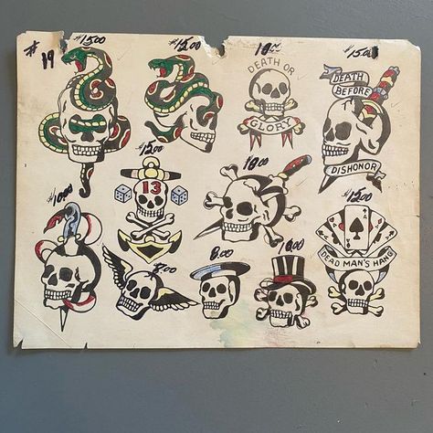 RCA Collectibles on Instagram: "Vintage, shop-used, hand colored page of old ZEIS Flash, —📍DM to claim - - #vintagetattooflash #tattoo #miltonzeis #zeistattoosupply #tattooflash #usedflash #rcacollectibles #skulltattoo" Milton Zeis Tattoo Flash, Milton Zeis Flash, Zeis Flash, Dead Mans Hand Tattoo, Milton Zeis, Tattoo Sheets, Americana Tattoo, Traditional Tattoo Flash Art, Tattoo Catalog