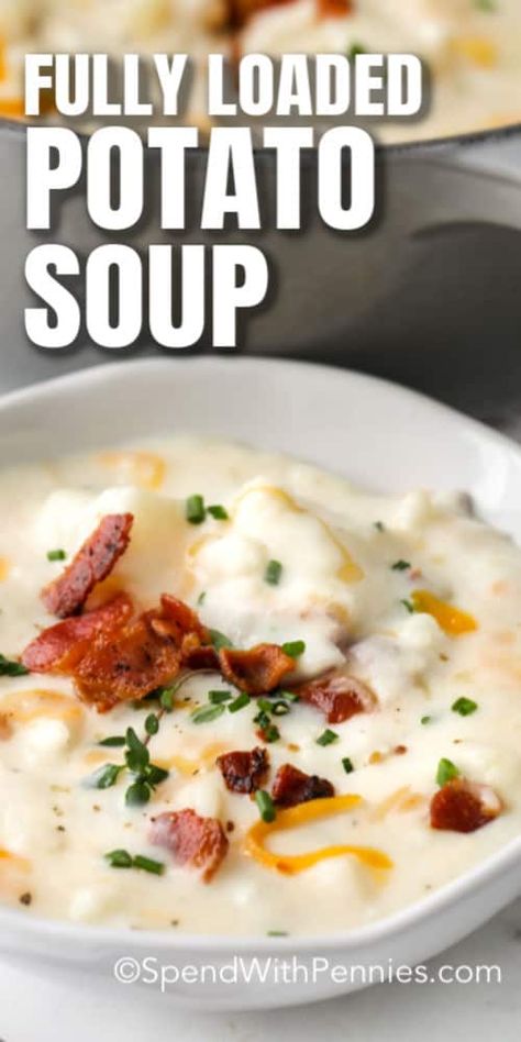 This creamy potato soup is easy and delicious to prepare! Made with red potatoes, crispy bacon, and cheddar cheese it is the perfect baked potato soup! #spendwithpennies #creamypotatosoup #potatosoup #soup #souprecipe #creamysoup #potatosouprecipe Potato Cheddar Bacon Soup, Potatoe Bacon Soup Recipe, Warm Soup Recipes, Cheddar Potatoes, Cheesy Potato Soup, Perfect Baked Potato, Loaded Potato Soup, Loaded Baked Potato, Bacon Soup