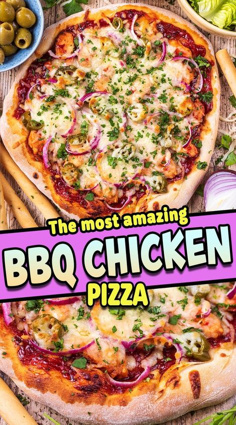 BBQ chicken pizza with a text title overlay. Chicken Bbq Pizza, Easy Healthy Pizza Recipes, Homemade Bbq Chicken Pizza, Low Sugar Bbq Sauce, Bbq Chicken Pizza Recipe, Shredded Bbq Chicken, Fakeaway Recipes, Healthy Pizza Recipes, Crispy Pizza