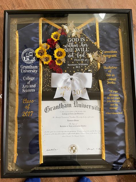 Shadow box Graduation Cap Display Ideas, Class Of 2023 College Graduation, Grad Frame Ideas, Graduation Box Frame, Picture Frame For Graduation, Degree Shadow Box Ideas, Framed Graduation Cap, Graduation Outfit Ideas Long Dress, Graduation Ideas For College