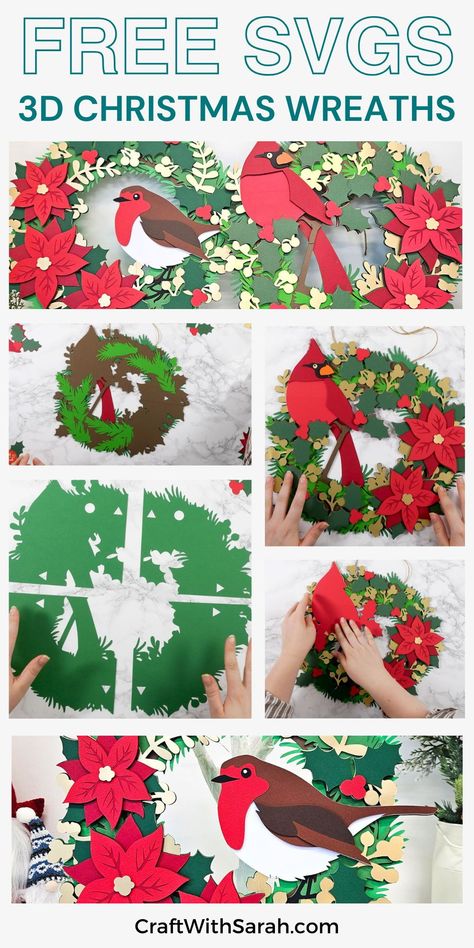 Free Christmas Wreath Svg Files For Cricut, Layered Cardstock Cricut Projects Christmas, Cricut Paper Wreath, Christmas Card Svg Files Free, Free Xmas Svg Files For Cricut, Christmas 3d Paper Crafts, Christmas Wreath Cricut, Christmas Wreaths Diy Paper, Cardstock Christmas Decorations