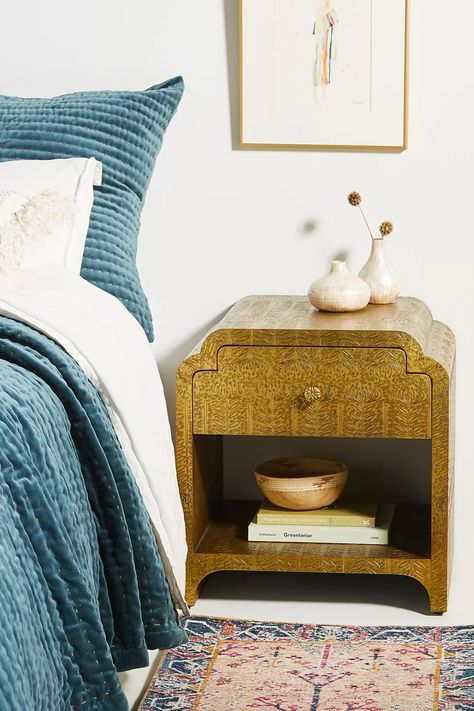 Unique Bedroom Furniture, Blue And Gold Bedroom, Unique End Tables, Metal Nightstand, Drum Side Table, Nightstand Decor, Six Drawer Dresser, Gold Bedroom, Iron Hardware