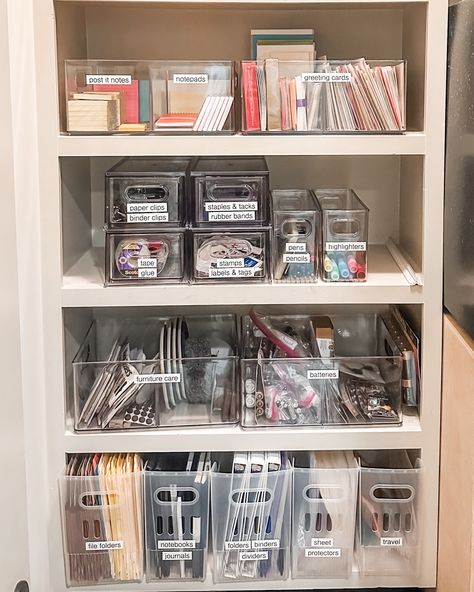 Looking for a sheet protector or a highlighter or a paperclip? No need to rummage through a junk drawer when you've got these clear - and very clearly labeled! - bins on your office closet shelves. 😊

#organizing #organizingtips #professionalorganizing #organizinginspiration #organizinggoals #getorganized #organized #womenownedbusiness #nashville #nashvilleorganizing #movingconcierge #unpacking #tidyhomenashville #moveconcierge #unpackingnashville #movingtonashville Junk Closet Organization Ideas, Corporate Office Organization, Important Paper Organization, Office Organization Ideas For The Home, Realistic Organization, Office Closet Shelves, Office Closet Organization, Junk Drawer Organization, Shelves Organization