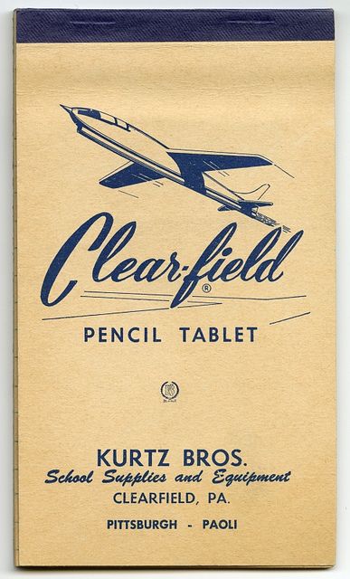 Clearfield Pencil Tablet 1950 Graphic Design, 1940s Graphic Design, 1930s Graphic Design, 1950s Branding, 1950s Graphic Design, 1940s Typography, 1950s Typography, Airplane Graphic Design, Vintage Brochure