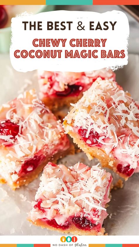 Coconut Chewies Bars, Cherry Dream Squares Recipe, Cherry Dream Squares, Chewy Coconut Bars, Coconut Chewies, Cherry Coconut Bars, Coconut Magic Bars, Chewies Recipe, Cherry Bars