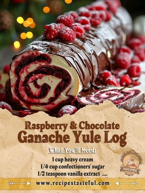 Bobby Flay Community - We Love To Eat ! | Get ready to dazzle your guests with this Festive Raspberry and Chocolate Ganache Yule Log Chocolate Raspberry Yule Log, Roll Cakes, Bobby Flay, Yule Log, Sweet Tart, Maple Bacon, Cake Roll, Chocolate Raspberry, Chocolate Ganache