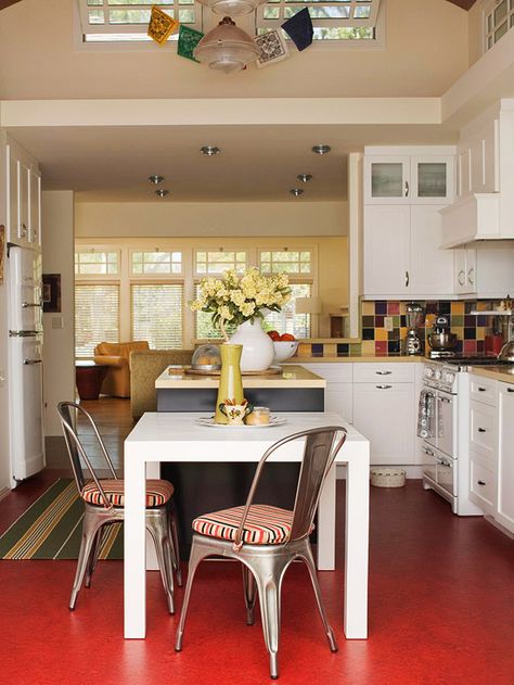 Retro Red Red Kitchen Design, Red Flooring, Eat In Kitchen Table, Kitchen Table Makeover, Red Floor, Red Kitchen, Kitchen Design Ideas, Favorite Kitchen, Eat In Kitchen