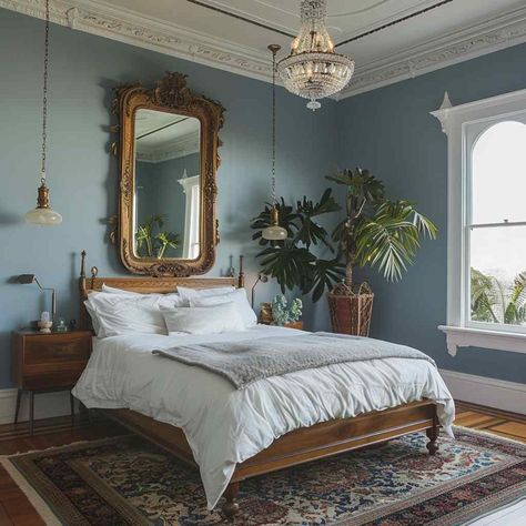 Classic Bedroom Inspirations, Modern Victorian Homes Interior Master Bedrooms, Circle Mirror Above Bed, Victoria Bedroom Ideas, Contemporary Victorian Bedroom, Funky Guest Bedroom, Art Nouveau Bedroom Interior Design, Gray Wall Bedroom Ideas Decorating, Vaulted Ceilings Bedroom