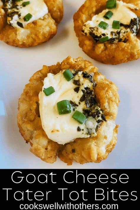 Goat Cheese Tater Tot Bites - Cooks Well With Others Tater Tot Cups Muffin Tins, Tater Tot Cups, Tater Tot Appetizers, Herb Goat Cheese, Goat Cheese And Honey, Cocktail Party Appetizers, Sweet Potato Tots, Cheese And Honey, Tater Tot Recipes