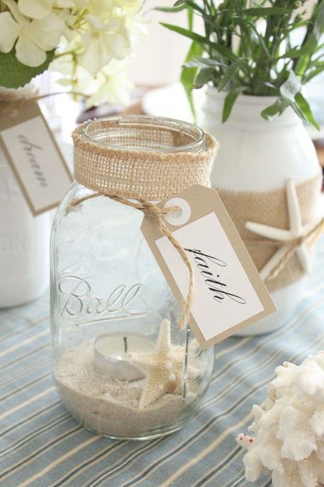 Six Fabulous Coastal Mason Jars - Starfish Cottage Beach Mason Jars, Mason Jar Ideas, Beach Centerpieces, Diy Hanging Shelves, Beach Bridal Showers, Mason Jar Projects, Summer Bridal Showers, Beach Shower, Bridal Shower Centerpieces