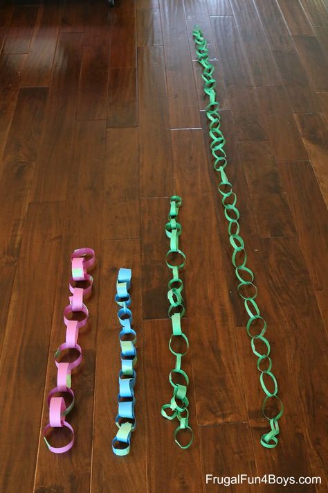 Here’s a fun STEM challenge, and the materials couldn’t be simpler!  Challenge kids to build the longest possible paper chain with just one sheet of paper and tape.  That’s it! This math activity will appeal to a wise range of ages.  I’d recommend it for kids age 5 to 10.  If they can safely cut … Longest Paper Chain Challenge, Paper Chain Challenge, Kids Construction, Stem Classes, Stem Classroom, Paper Chain, Stem Challenge, Stem Steam, Link Art