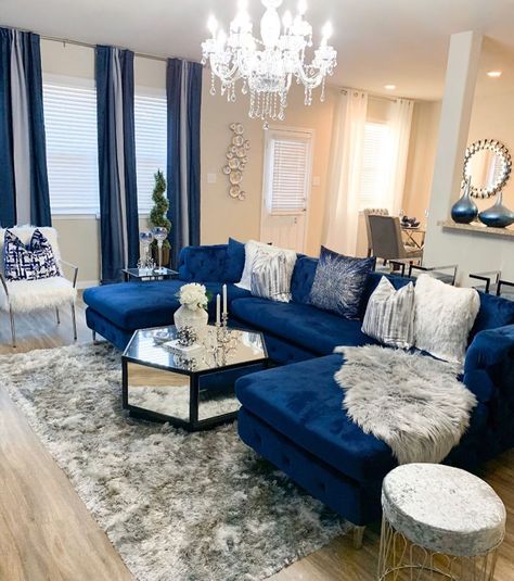 Shante' Gantt on Instagram: “Happy Tuesday! It’s the first transformation of the year and we are delivering nothing less than Chic Designs. Swipe to see how we…” Blue And Gold Living Room, Blue Sofa Living, Sofa Layout, Blue Sectional, Blue Couch, Blue Living Room Decor, تصميم داخلي فاخر, Gold Living Room, Glam Living Room