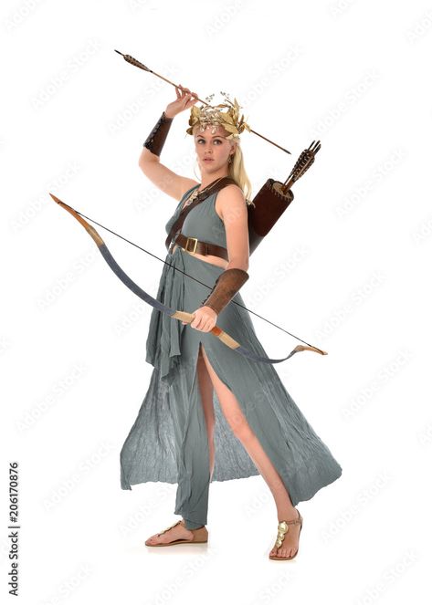 Holding Bow Pose, Archer Woman, Archer Pose, Pretty Blonde, Standing Pose, Green Gown, Bow And Arrow, Standing Poses, Model Release