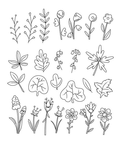 Big cute set with abstract flowers and flower characters. Doodle hand draw outline vector illustration. Draw Outline, Outline Flower, Vector Doodle, Flower Vector, Drawing Flowers, Hand Draw, Cute Sets, Abstract Flowers, Flower Drawing