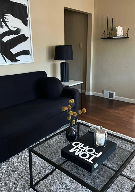 Velvet Black Couch, Black Couch With Rug, Black Couch Apartment, Black Couches Living Room, Black Couch Ideas, Black Couch Aesthetic, Black Couches Living Room Ideas, Guys Apartment, Living Room Inspiration Apartment