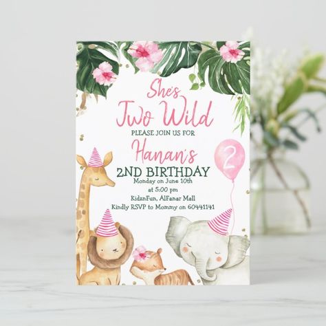 Create your own Invitation | Zazzle Two Wild Birthday, Animal Themed Birthday Party, 2nd Birthday Party For Girl, Wild Birthday Party, Two Wild, 2nd Birthday Invitations, Wild Girl, Girl 2nd Birthday, Safari Birthday