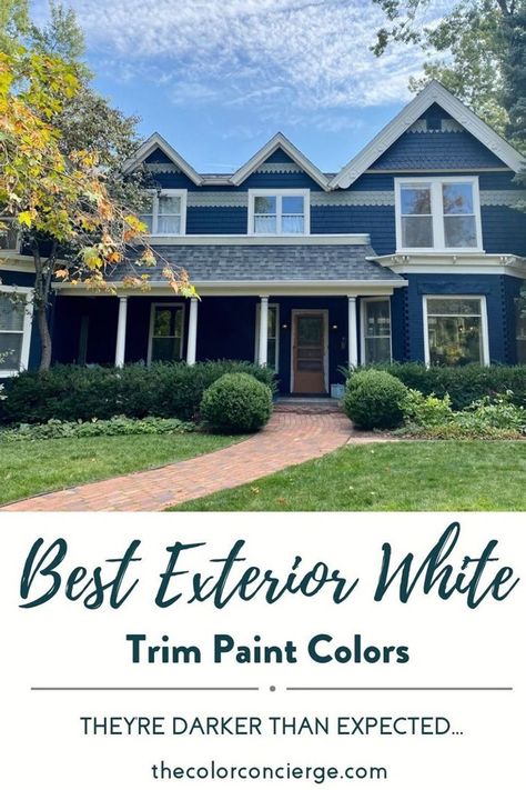 Discover the best exterior white trim colors including the most popular paint colors by Sherwin Williams and Bejamin Moore | white trim paint exterior | best white paint color for exterior trim | exterior house paint color white trim | exterior white trim paint | sherwin williams exterior white trim paint | exterior white trim colors benjamin moore | Get a professional paint consultation with The Color Concierge today! White Trim Exterior, White Trim Paint, White Trim Colors, Exterior Paint Color Schemes, Exterior Color Combinations, Painting Trim White, Most Popular Paint Colors, White Paint Color, Trim Paint Color