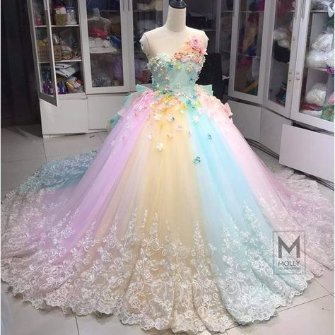 Rainbow Wedding Dress, Rainbow Costumes, Lace Tulle Dress, Lace Up Back Dress, Flowered Dress, Beautiful Floral Dresses, Rainbow Wedding, Estilo Country, Dresses Ball Gown