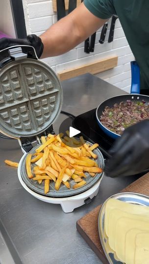 2.5M views · 17K reactions | Waffle Fry Philly Cheesesteak | Waffle Fry Philly Cheesesteak! A match made in foodie heaven 🍽️✨ | By Chefclub Network | Waffle Fry Philly Cheesesteak.
This is a way to utilize your waffle iron to make a Philly
Cheesesteak sandwich. It's super easy, very convenient.
Just press some pre-cooked fries right into your waffle
iron, put a little bit of cheese as the binder. Now,
we've got classic Philly Cheesesteak ingredients here.
Cheese, steak, peppers, and onions, fold it in half, take
it on the go Steak Peppers And Onions, Waffles Savory, Steak Peppers, Chefclub Network, Cheesesteak Sandwich, Savory Waffles, Appetizer Sandwiches, Chef Club, Cheese Steak Sandwich