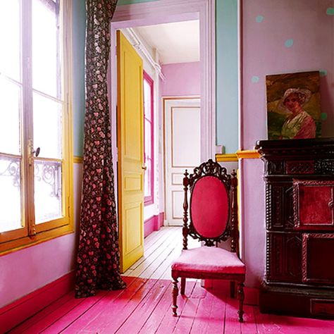 Boho Styl, Yellow Doors, Wooden Floors, Pink Room, Painted Floors, Pink Walls, Interior Door, My New Room, The Room