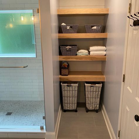 Tiny Bathroom Closet Ideas, Big Bathroom Closet Ideas, Custom Bathroom Shelves, Bathroom Remodel Shelves, Bathrooms With Open Shelving, Deep Bathroom Shelves, Large Bathroom Shelves, Open Shelving Linen Closet Bathroom, Bathroom Closet Decor