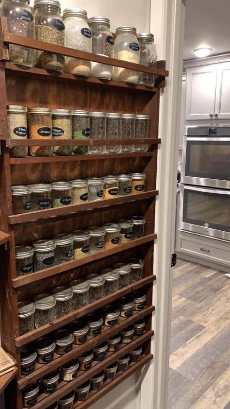 Shelves For Herbs In Kitchen, Pantry With Bay Window, Pantry Jars Storage, Mason Jar Spice Organization, Cottagecore Spice Rack, Canning Pantry Shelves, Spice Display Ideas, Mason Jar Spice Storage, Canning Storage Shelves